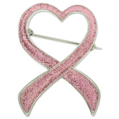 Pink Glitter Heart Ribbon Pin 