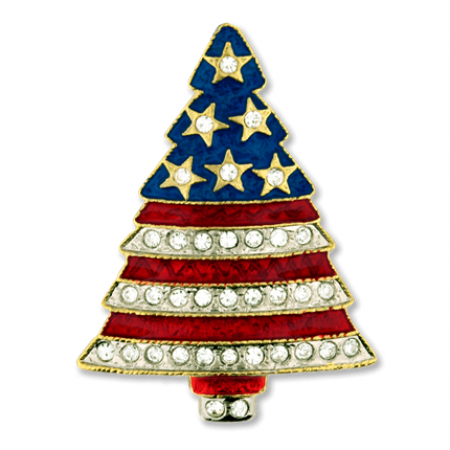 Rhinestone Patriotic Christmas Tree Pin 