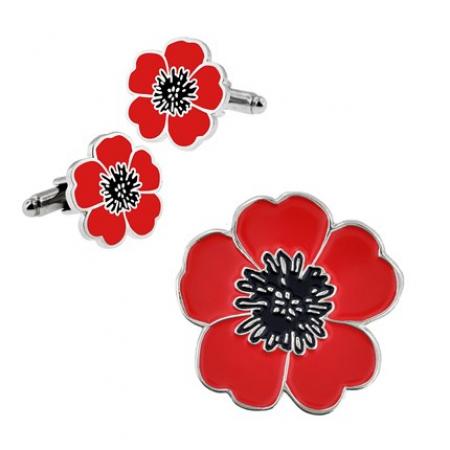 Poppy Flower Cufflinks and Pin Set