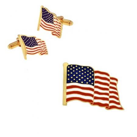 American Flag Cufflinks and Pin Set - Gold 
